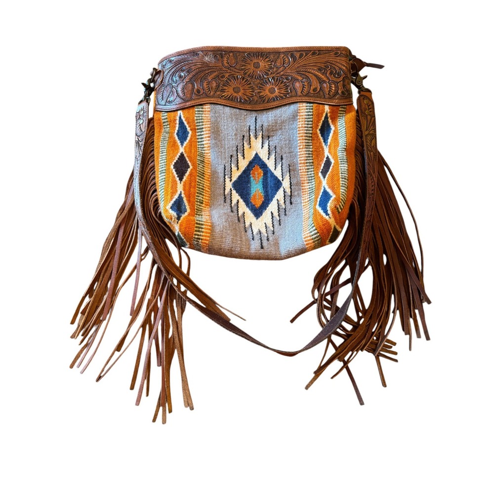 American Darling Woven Saddle Blanket Tooled Leather Fringe Crossbody Bag Orange